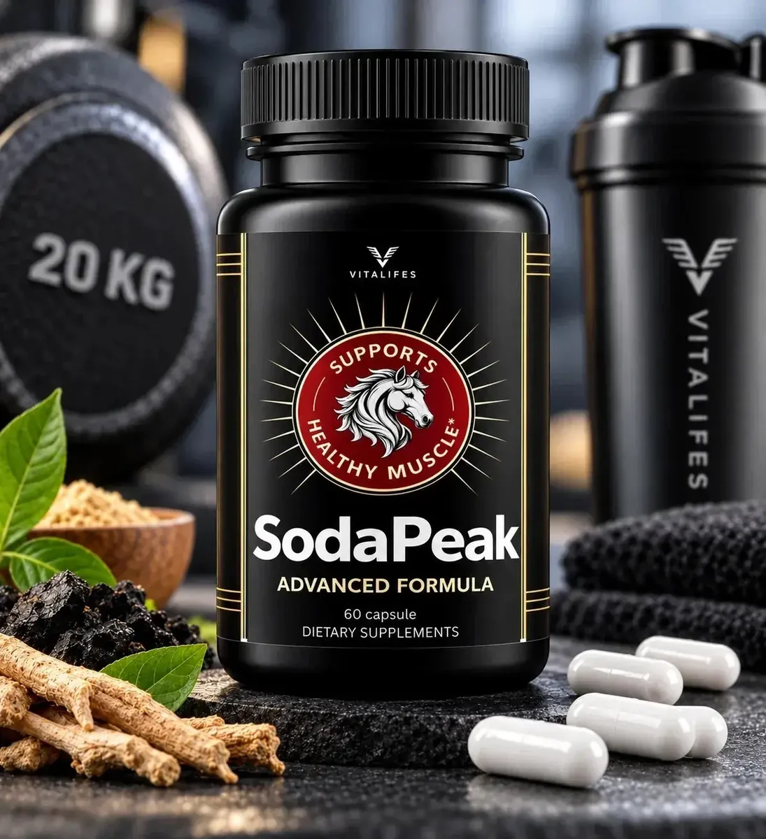 The SodaPeak bottle photographed beside a dumbbell plate and a shaker