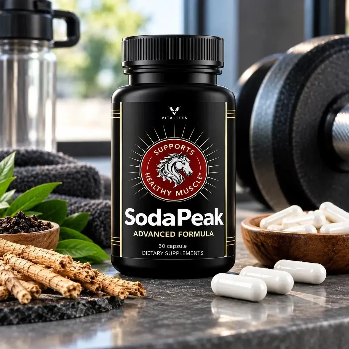 SodaPeak capsule bottle photographed beside loose roots, capsules and a dumbbell